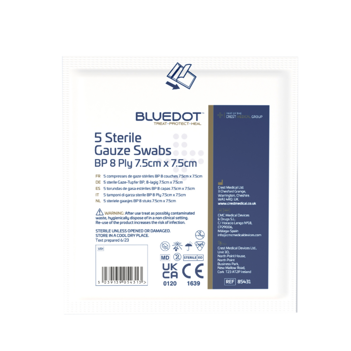 Blue Dot 7.5cm x 7.5cm Sterile Gauze Swabs (Pack 5)