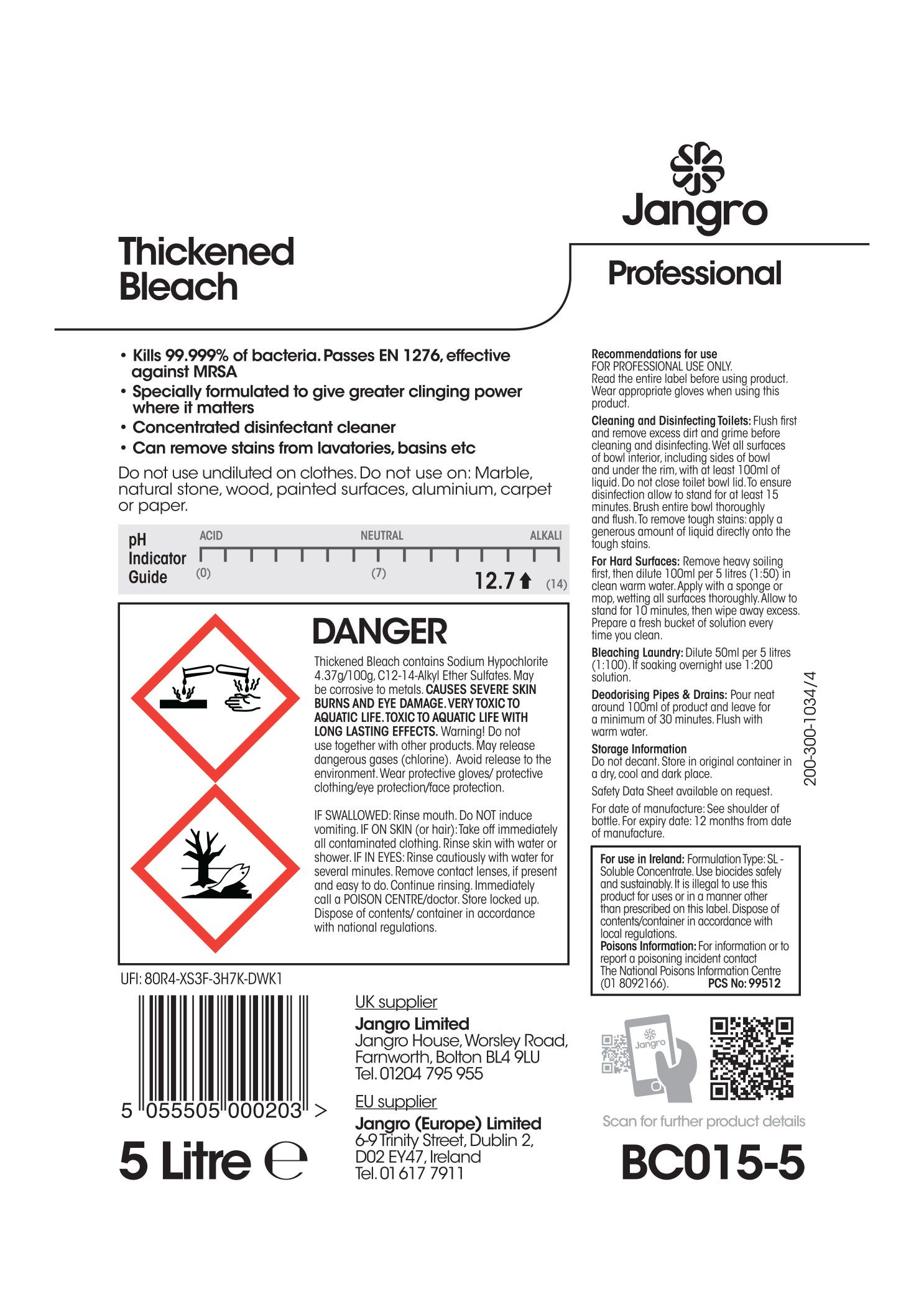Jangro Professional Thickened Bleach - 5L